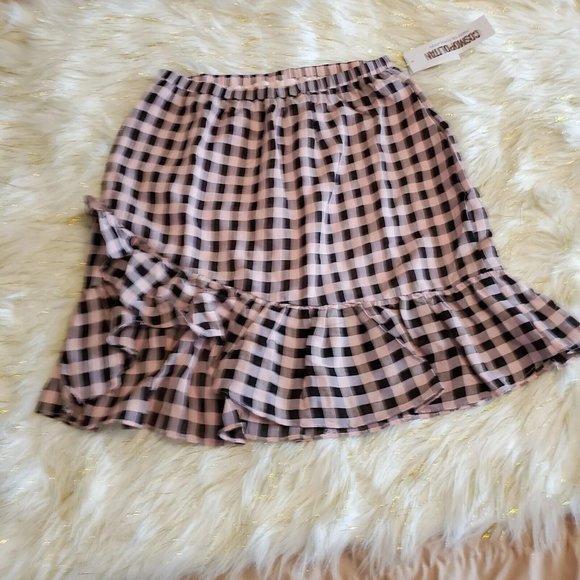Dress The Population Cosmopolitan Pink and Black Plaid Skirt L Ruffled Bottom - Picture 2 of 13